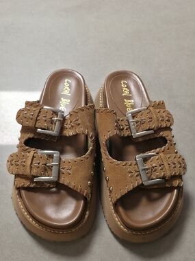 Tan Suede/Leather Double-Buckle Slide Sandals